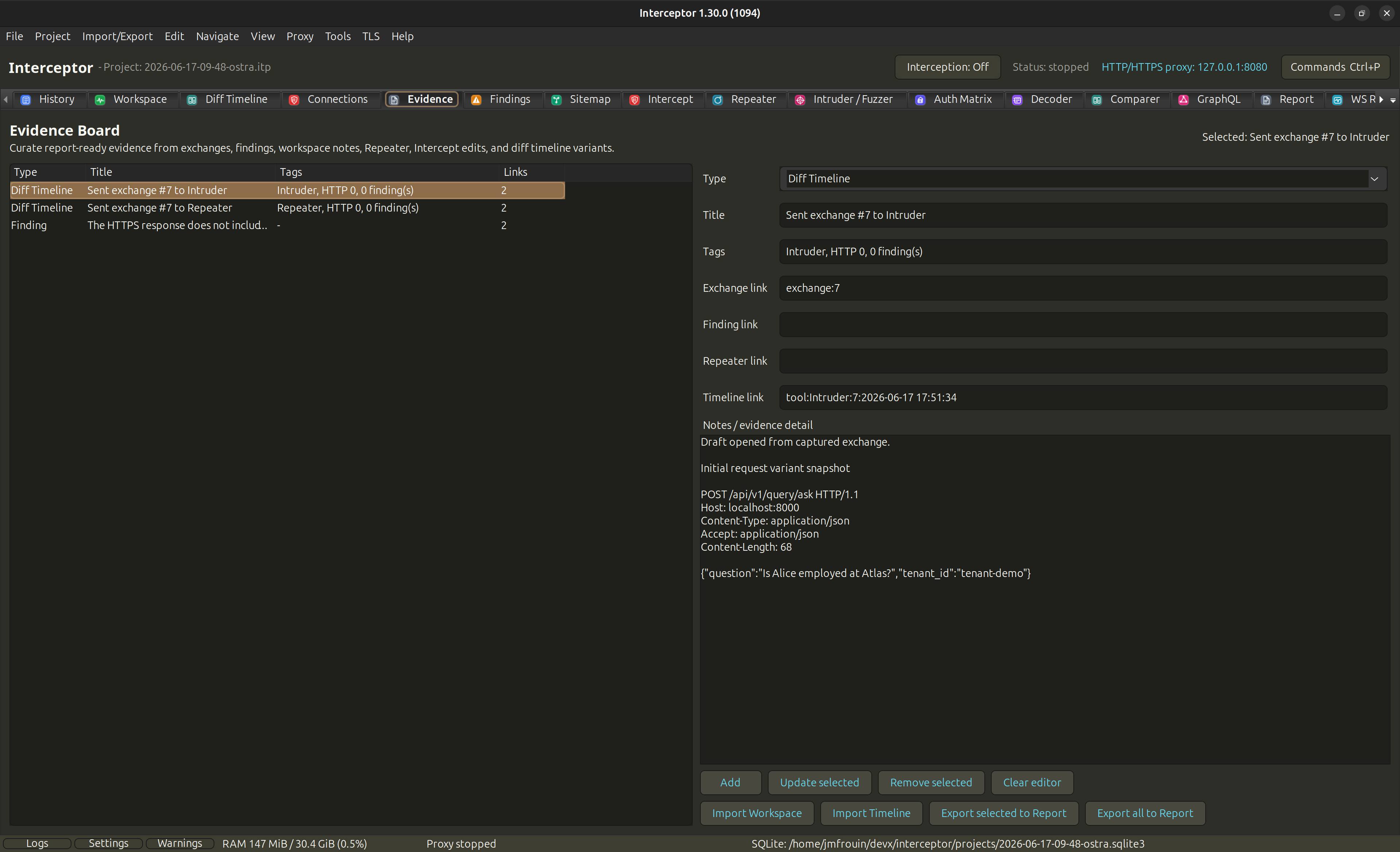 Interceptor Evidence Board screenshot