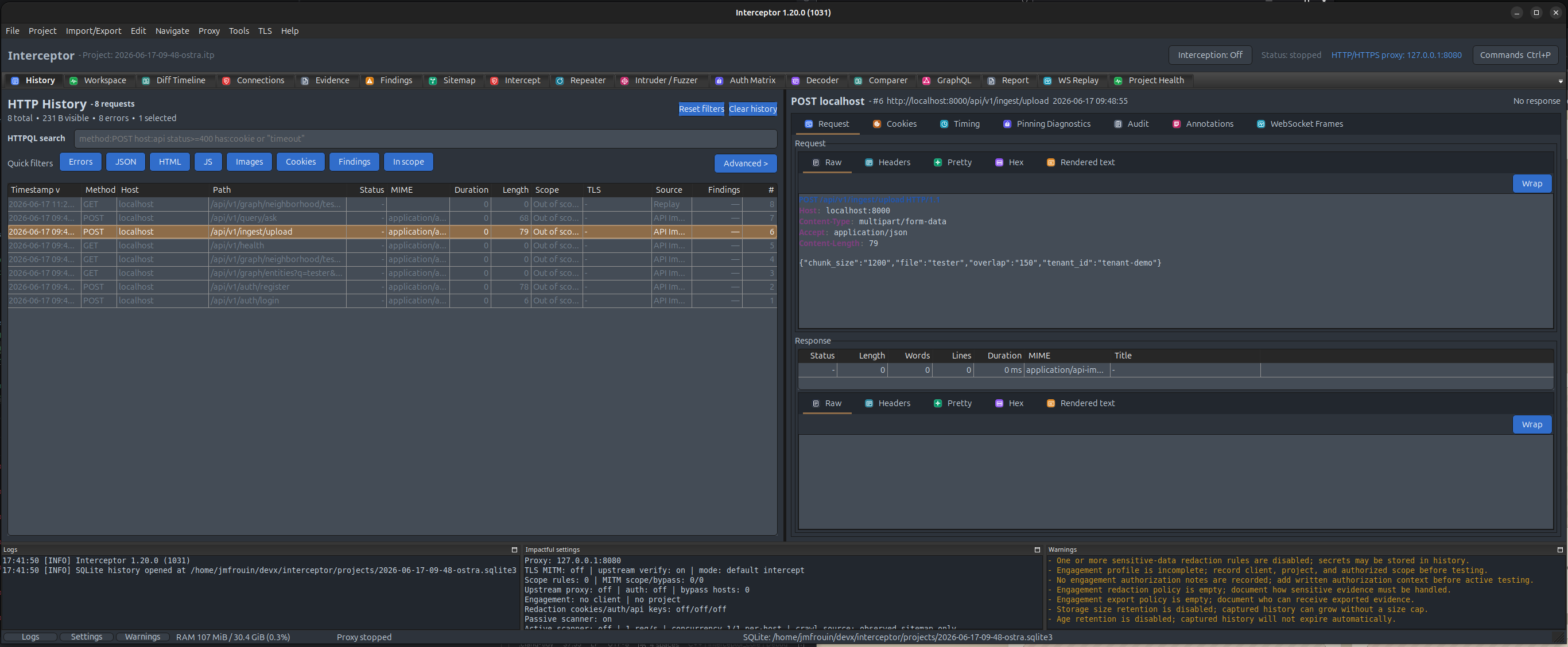 Interceptor application screenshot showing the desktop interface
